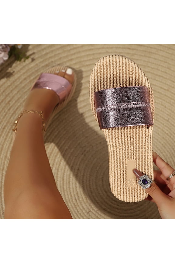 Slide Slippers for Women Open Toe Casual Slip On Mules Luminous Metallic Faux Leather Wide Band Rustic Jute Woven Sole Beach Vacation Walking Footwear