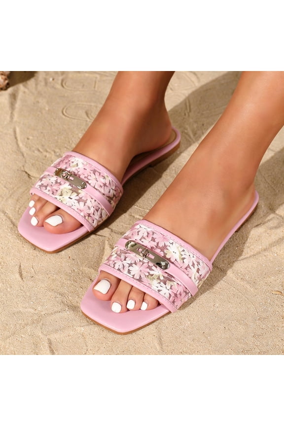 Slides for Women Summer Open Toe Flat Sandals Beautiful Botanical Floral Print Wide Strap with Elegant Metallic Buckle Hardware Casual Beach Vacation Shoes
