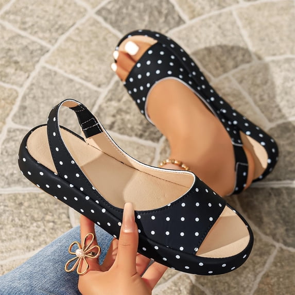 Samdudou Slingback Sandals for Women Open Toe Flatform Wedges Retro Polka Dot Print Wide Single Band Slip On Casual Summer Beach Vacation Everyday Stylish Footwear