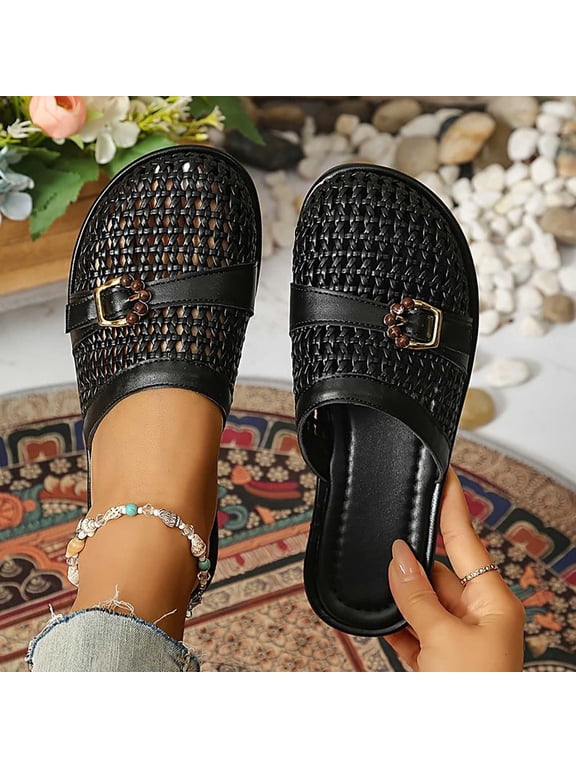 Slip On Mules for Women Closed Toe Flat Loafers Woven Leatherette Texture with Buckle Decor Casual Walking Shoes for Office Indoor