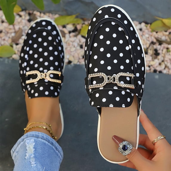 Samdudou Slip On Shoes for Women Spotted Backless Mules Closed Toe Flat Loafers with Metallic Hardware Detail Daily Walking Footwear