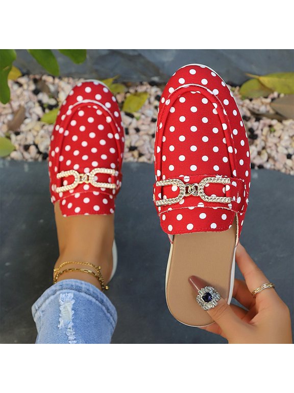 Slip On Shoes for Women Spotted Backless Mules Closed Toe Flat Loafers with Metallic Hardware Detail Daily Walking Footwear