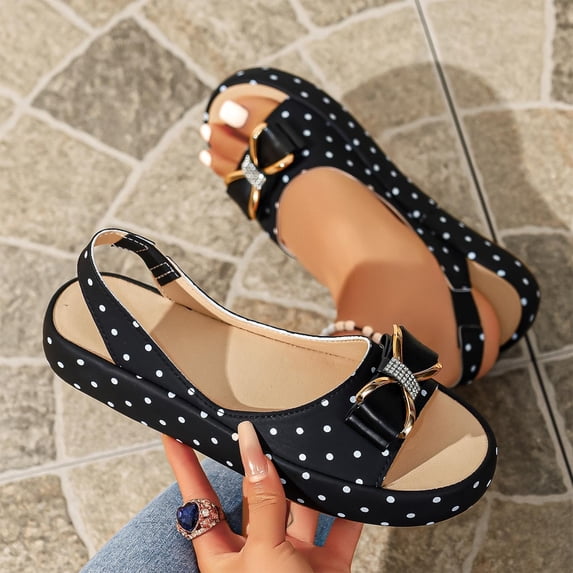 Samdudou Slip On Sandals for Women Open Toe Flatform Slingback Wedges Polka Dot Print Dazzling Rhinestone Bow Detail Casual Summer Vacation Evening Dressy Shoes