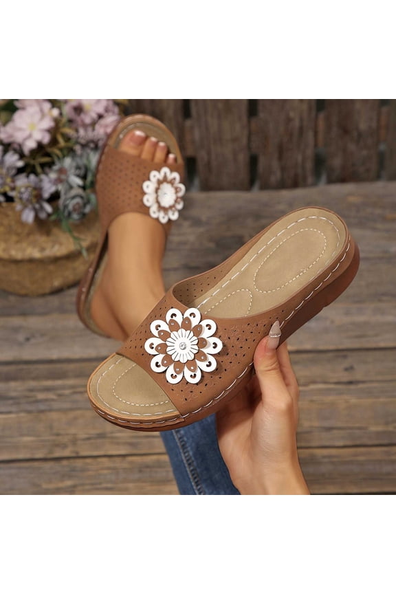 Slip On Sandals for Women Open Toe Low Wedge Slide Laser Cut Perforated Upper Large 3D Floral Applique Rhinestone Center Casual Dressy Daily Summer Footwear