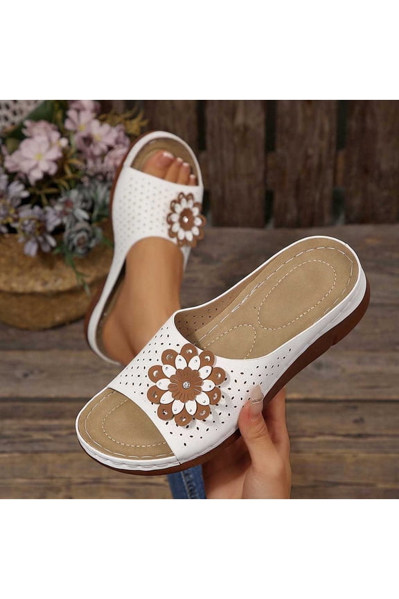 Slip On Sandals for Women Open Toe Low Wedge Slide Laser Cut Perforated Upper Large 3D Floral Applique Rhinestone Center Casual Dressy Daily Summer Footwear