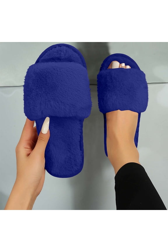 Spa Slippers for Women Open Toe Fluffy Teddy Fleece Wide Band Slides Soft Plush Fuzzy House Shoes Slip-On Indoor Anti-Slip Sole Bedroom Trendy Lounge Footwear