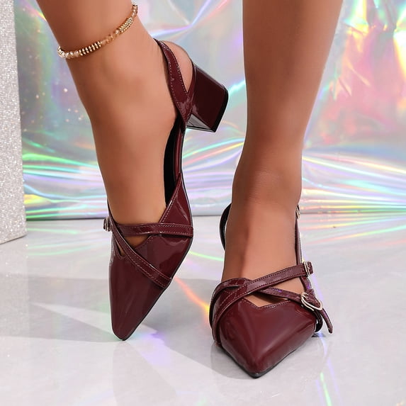 Samdudou Strappy Heels for Women Closed Toe Pointed Front Slingback Pumps Glossy Finish Elegant Criss Cross Multiple Buckle Straps Chunky Block Heel Evening Banquet Shoes