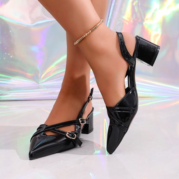 Samdudou Strappy Heels for Women Closed Toe Pointed Front Slingback Pumps Glossy Finish Elegant Criss Cross Multiple Buckle Straps Chunky Block Heel Evening Banquet Shoes