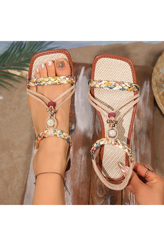 Summer Shoes for Women Boho Rhinestone Braided Open Toe Flat T-Strap Ankle Strap Casual Dressy Beach Wedding Vacation Ladies Gladiator Slip On Footwear
