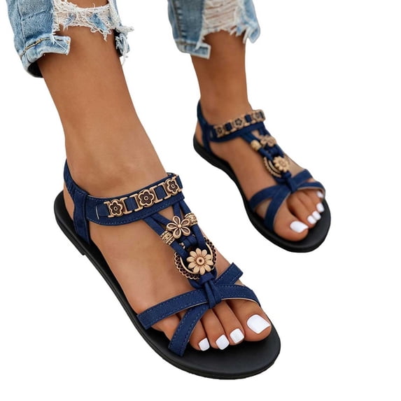 Samdudou Summer Shoes for Women Open Toe Flat Sandals T-Strap Bohemian Floral Cutout Ring Embellishments Criss Cross Front Elastic Slingback Beach Vacation Resort Wear