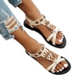 thumbnail image 1 of Samdudou Summer Shoes for Women Open Toe Flat Sandals T-Strap Bohemian Floral Cutout Ring Embellishments Criss Cross Front Elastic Slingback Beach Vacation Resort Wear, 1 of 7