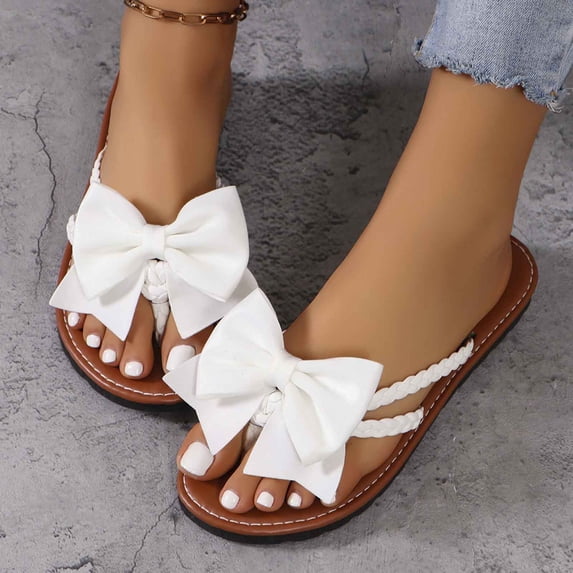 Samdudou Thong Sandals for Women Open Toe Flat Slip On Slippers Oversized Elegant Bowknot Embellishment Braided Strap Detail Casual Summer Beach Vacation Dressy Mules