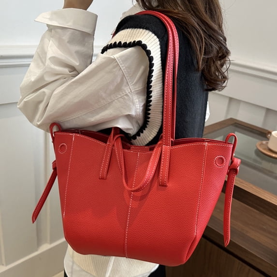 Samdudou Tote Bags for Women Large PU Leather Shoulder Purse Casual Work Handbags Simple Shopping Bucket Bag with Double Straps