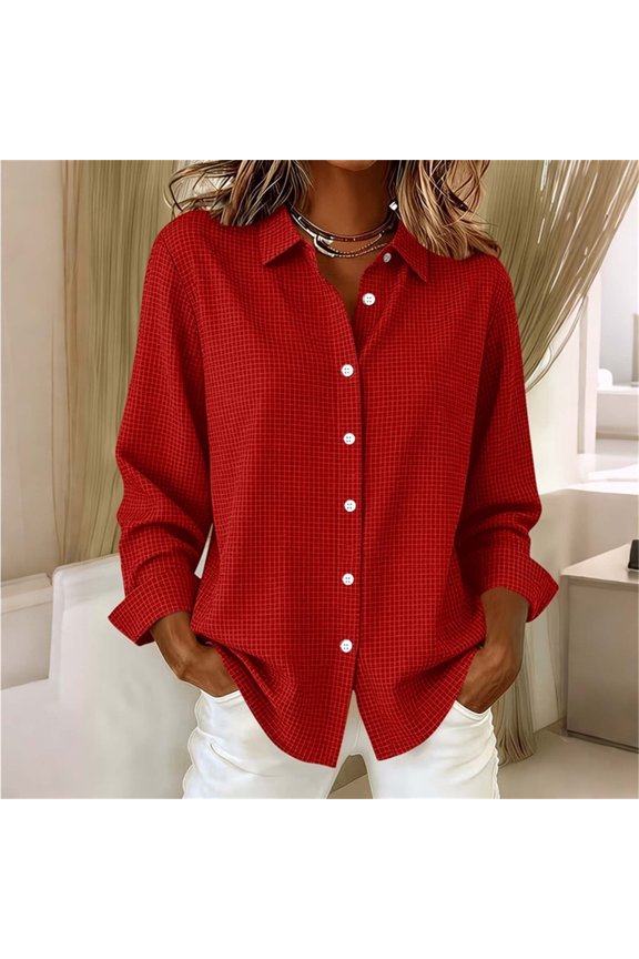 Trendy Womens Tops Long Sleeve Windowpane Grid Plaid Button Down Shirts Relaxed Lapel Collar Lightweight Layering Shacket