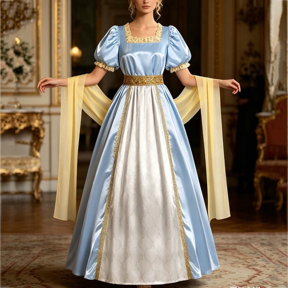 Samdudou Two Piece Sets for Women Renaissance Costume Dresses Elegant Square Neck Long Gowns with Gold Trim and Chiffon Scarf Party Wear