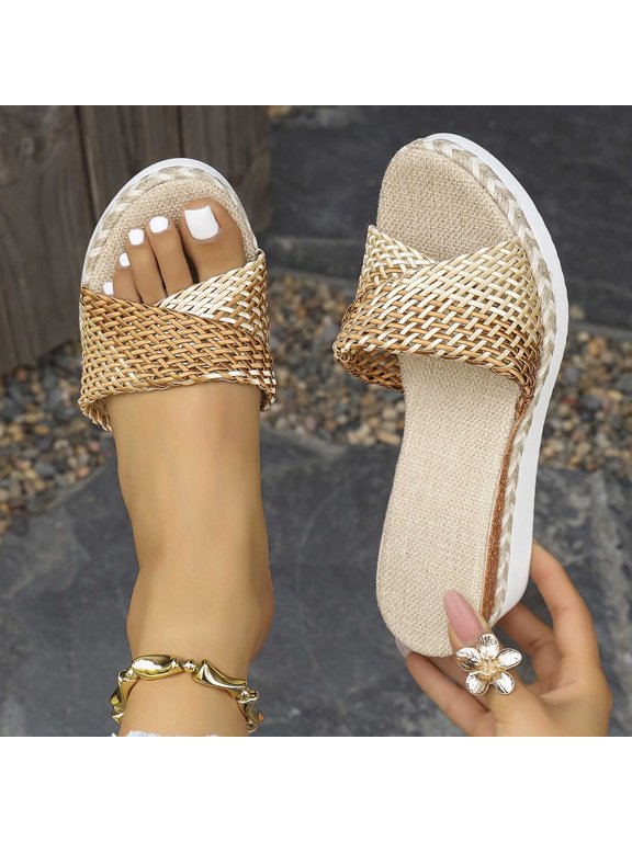 Wedge Sandals for Women Open Toe Chunky Sole Slides Criss Cross Woven Braided Straps Espadrille Bottom Slip On Casual Summer Beach Vacation Footwear