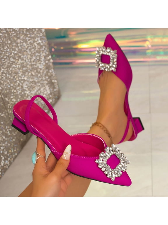 Women Closed Toe Stiletto Heel Slingback Pumps Summer Rhinestone Buckle Shoes Casual Formal Plus Size Elegant Low-Heeled Pointed-Toe Footwear for Wedding Guest and Prom