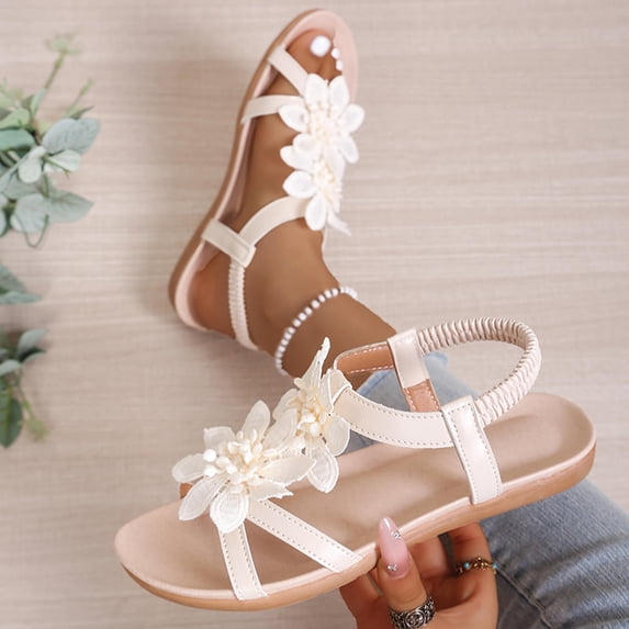 Samdudou Women Flat Sandals Open Toe Flower Decor Gladiator Sandals Summer Dressy Casual Strappy Slide Shoes Slingback Elastic Ankle Strap Beach Walking Vacation Outdoor Daily Wear
