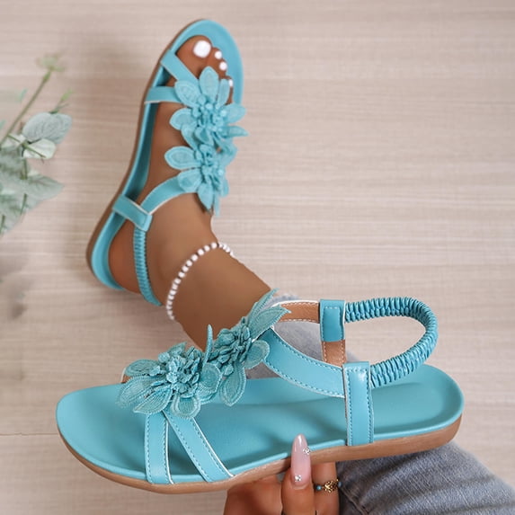 Samdudou Women Flat Sandals Open Toe Flower Decor Gladiator Sandals Summer Dressy Casual Strappy Slide Shoes Slingback Elastic Ankle Strap Beach Walking Vacation Outdoor Daily Wear