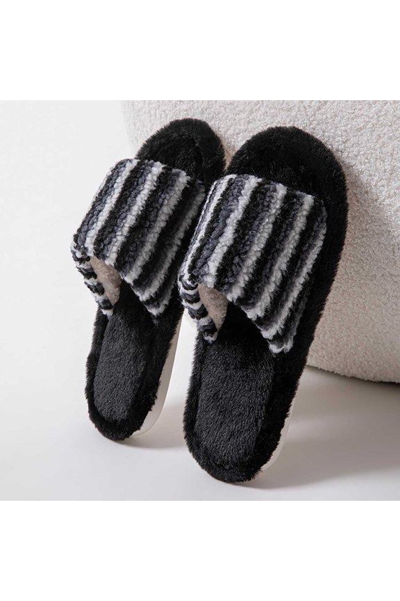 Women Slippers Open Toe Mixed Stripe Pattern Fuzzy Band Memory Foam Plush House Shoes Soft Slip On Scuffs for Indoor Relaxing