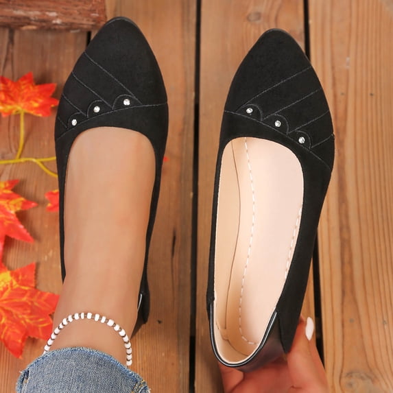 Samdudou Women Summer Closed Toe Flat Shoes Pointed Toe Low Heel Rhinestone Decoration Casual Dress Shoes Soft Insole Non-Slip Everyday Office Walking Outdoor Elegant Chic