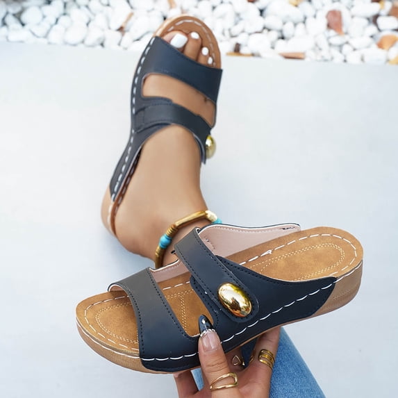 Samdudou Women Wedge Sandals Open Toe Chunky Sole Slide Sandals Summer Dressy Casual Low Heel Wedge Slippers Slip On Walking Shoes with Buckle Accent Outdoor Beach Vacation Daily
