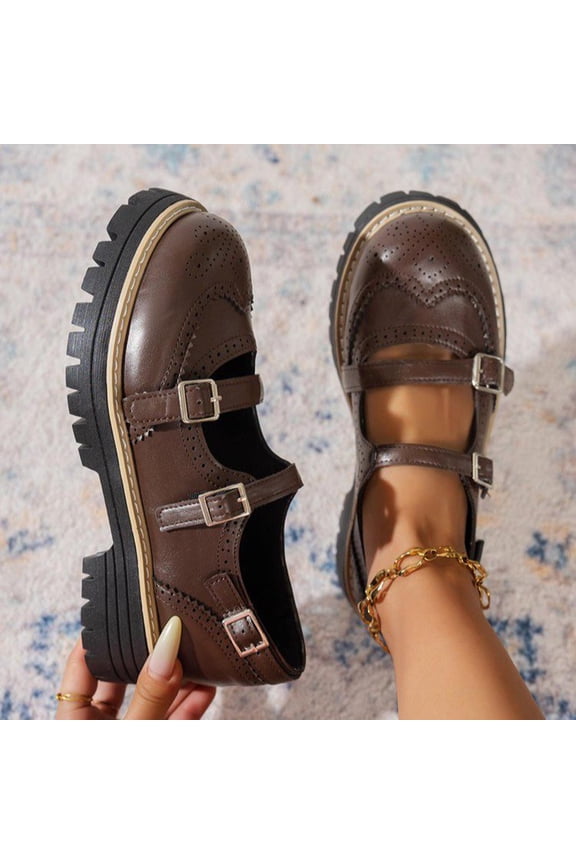 Women's Loafers & Slip-Ons Elegant Closed Round Toe Mary Jane Shoes Brogue Details Glossy Patent Leather Pumps Casual Breathable Footwear for Daily & Formal Wear