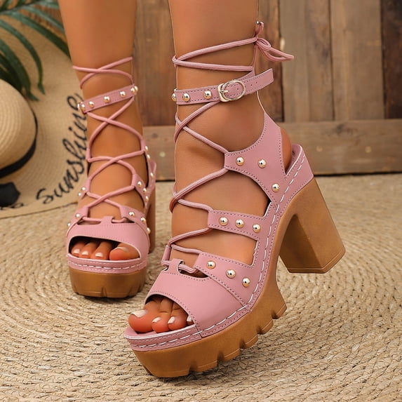 Samdudou Women's Sandals Open Toe Gladiator Lace Up Chunky Heel Ankle Wrap Rivet Studded Evening Party Summer Dating Vacation Dressy Ladies Fashion Footwear Outdoor Walking Essential Trendy