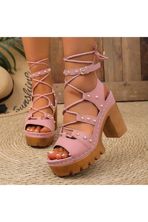 Women's Sandals Open Toe Gladiator Lace Up Chunky Heel Ankle Wrap Rivet Studded Evening Party Summer Dating Vacation Dressy Ladies Fashion Footwear Outdoor Walking Essential Trendy