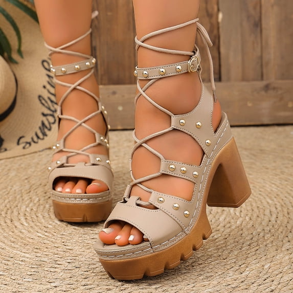 Samdudou Women's Sandals Open Toe Gladiator Lace Up Chunky Heel Ankle Wrap Rivet Studded Evening Party Summer Dating Vacation Dressy Ladies Fashion Footwear Outdoor Walking Essential Trendy