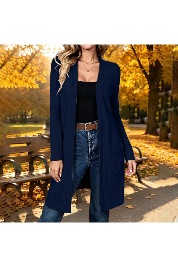 Womens Blazers for Work Casual Long Duster Cardigan Open Front Sweaters with Side Pockets Maxi Length Outerwear for Spring Fall Daily Commute Elegant Professional Styling
