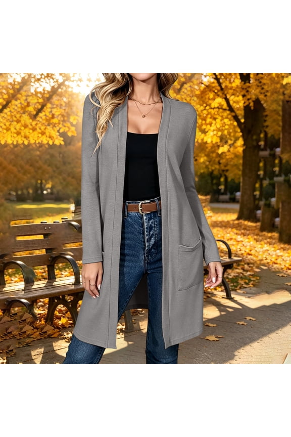 Womens Blazers for Work Casual Long Duster Cardigan Open Front Sweaters with Side Pockets Maxi Length Outerwear for Spring Fall Daily Commute Elegant Professional Styling