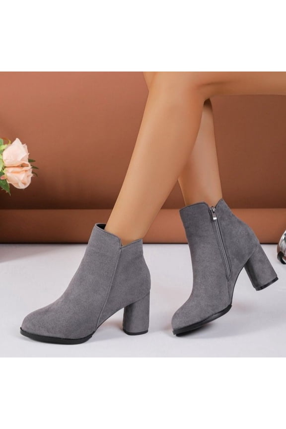Womens Boots Closed Toe Ankle Booties Classic Almond Front Soft Faux Suede Minimalist Design Stacked Chunky Heel Side Zip Everyday Office Casual Footwear