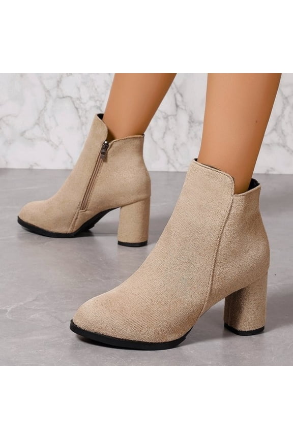Womens Boots Closed Toe Ankle Booties Classic Almond Front Soft Faux Suede Minimalist Design Stacked Chunky Heel Side Zip Everyday Office Casual Footwear