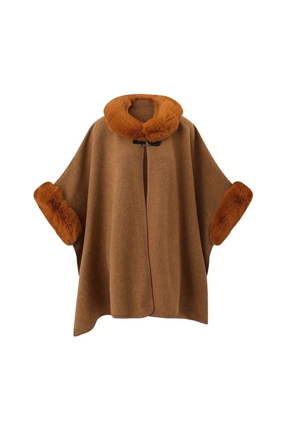 Womens Cardigan Sweaters Elegant Solid Poncho Wrap Faux Fur Cuffs and Collar Vintage Buckle Clasp Outerwear for Winter Fall Transition Weather Dinner Dates Attire