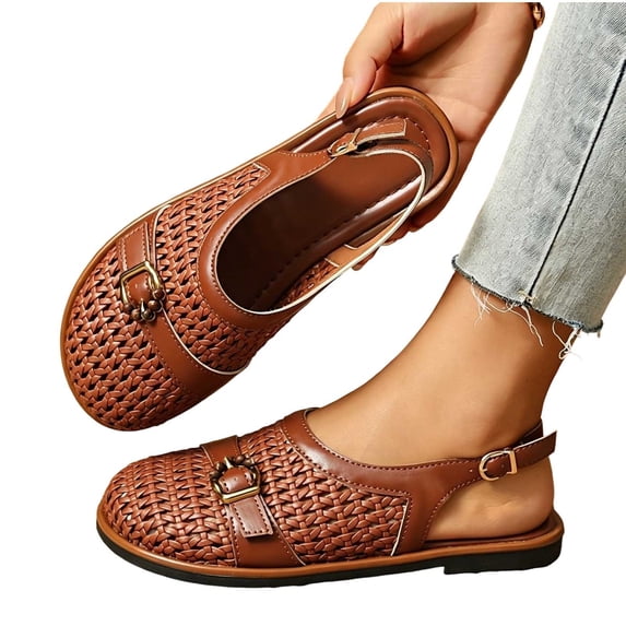 Samdudou Womens Casual Shoes Closed Toe Slingback Woven Faux Leather Upper Adjustable Strap Vintage Metallic Buckle Detail Flat Sole Daily Walking Dressy Summer Footwear