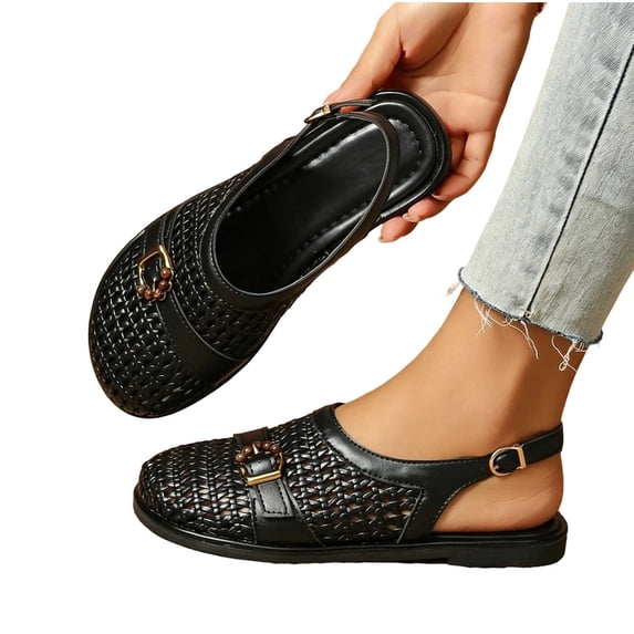 Samdudou Womens Casual Shoes Closed Toe Slingback Woven Faux Leather Upper Adjustable Strap Vintage Metallic Buckle Detail Flat Sole Daily Walking Dressy Summer Footwear