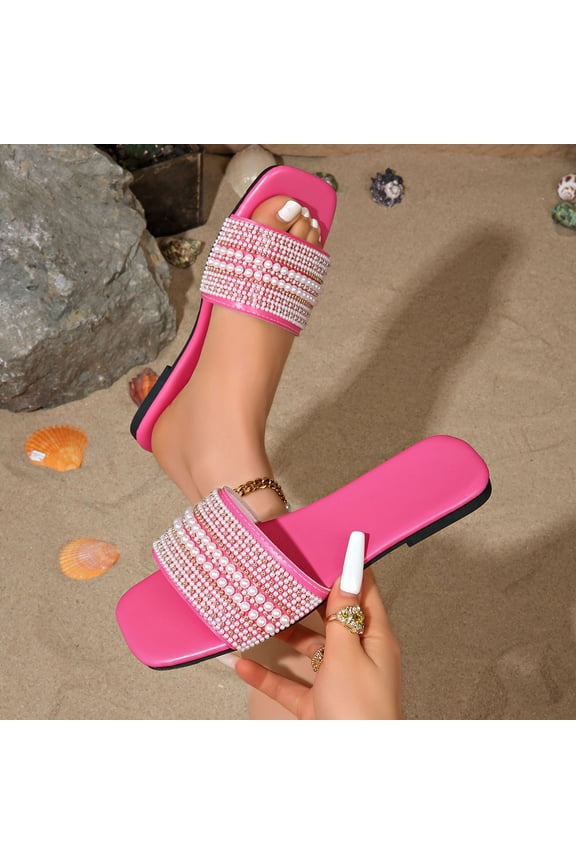 Womens Flats Sandals Square Open Toe Slip On Slides Pearl Rhinestone Embellished Wide Strap Summer Shoes Dressy Casual Bridal Wedding Guest Vacation Beach Footwear Elegant