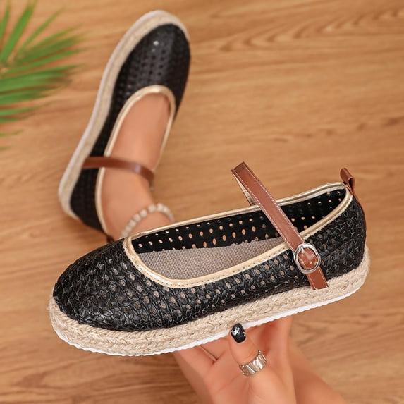 Samdudou Womens Flats Shoes Closed Toe Mary Jane Slip On Espadrilles Hollow Out Mesh Upper with Adjustable Buckle Strap Lightweight Walking Footwear Casual Summer