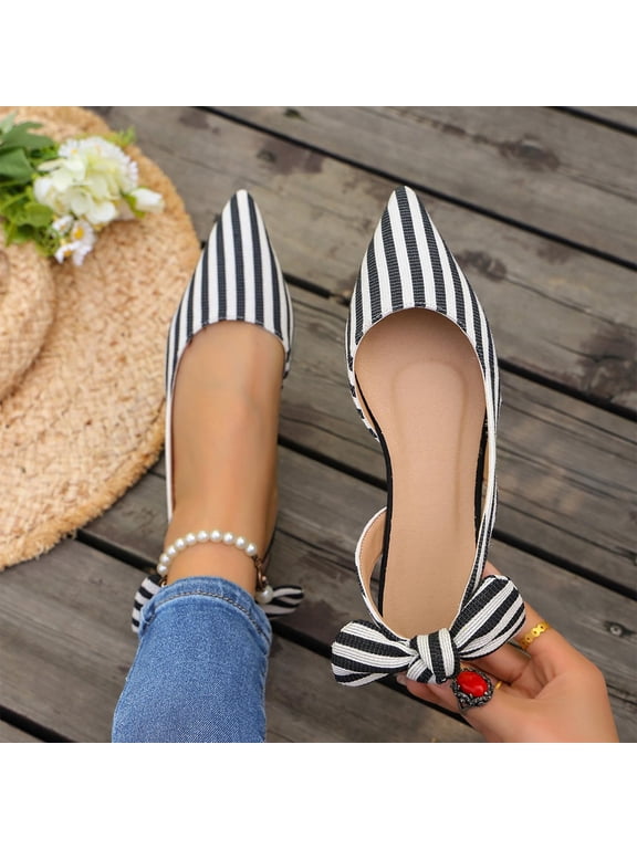 Womens Flats Shoes Closed Toe Slip On Pointed Front Slingbacks Chic Vertical Striped Pattern Tie Knot Bow Detail At Heel Casual Dressy Daily Office Work Footwear