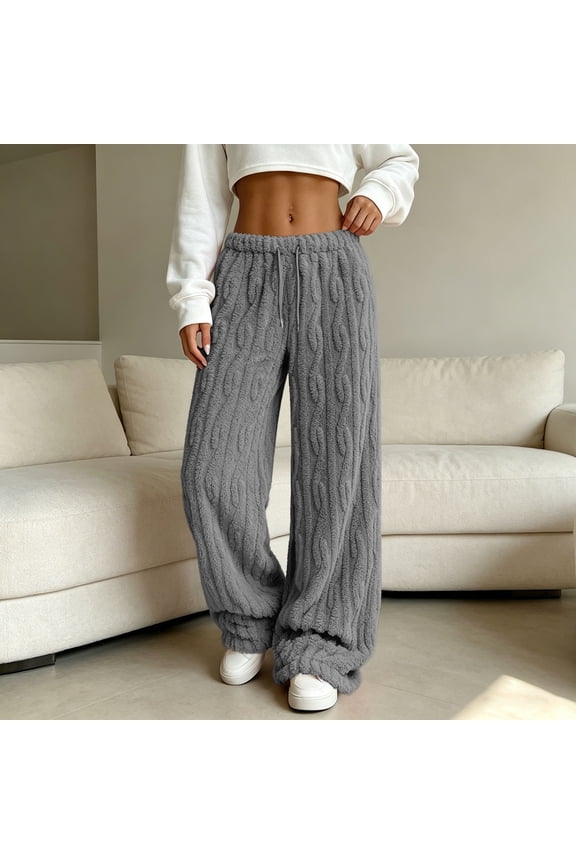 Womens Fleece Lined Sweatpants Winter Warm Fuzzy Trousers High Waisted Drawstring Cable Knit Texture Plush Lounge Bottoms Cold Weather Activewear Joggers