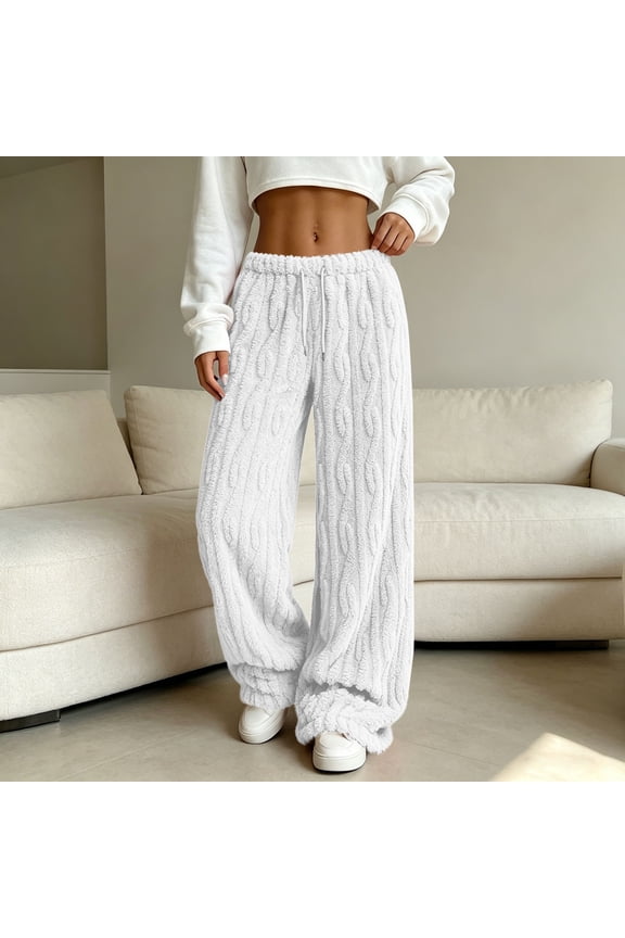 Womens Fleece Lined Sweatpants Winter Warm Fuzzy Trousers High Waisted Drawstring Cable Knit Texture Plush Lounge Bottoms Cold Weather Activewear Joggers
