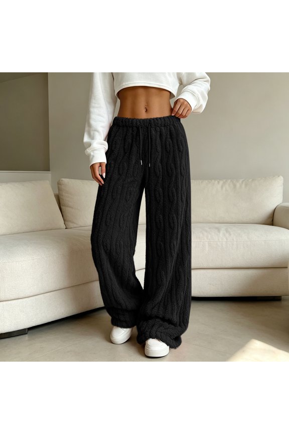 Womens Fleece Lined Sweatpants Winter Warm Fuzzy Trousers High Waisted Drawstring Cable Knit Texture Plush Lounge Bottoms Cold Weather Activewear Joggers
