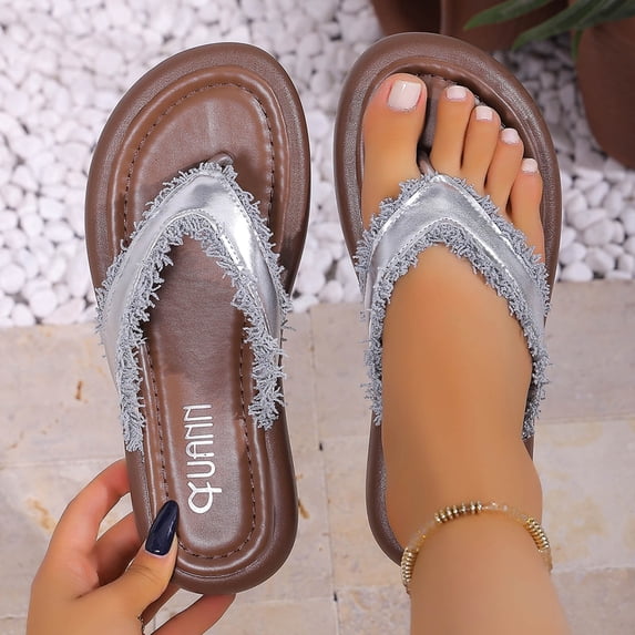Samdudou Womens Flip Flops Summer Shoes Open Toe Flat Thong Sandals Metallic Finish Strap with Frayed Distressed Edge Details Slip On Beach Vacation Footwear