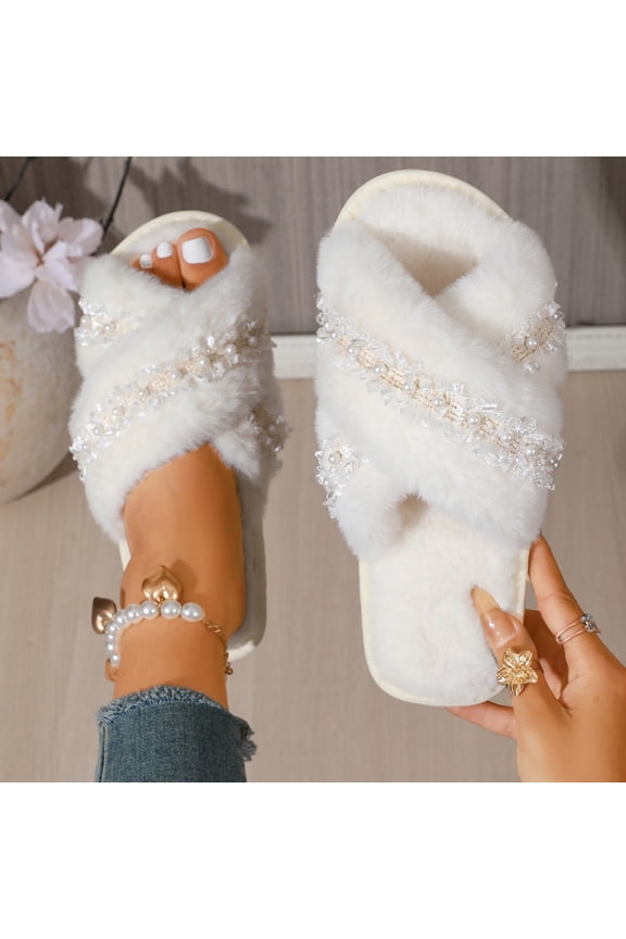 Womens Fuzzy Slippers Cross Band Open Toe Slides Elegant Pearl Beaded Lace Ruffle Trim Soft Plush Faux Fur Indoor Outdoor Anti-Slip Sole Spa Lounge House Shoes
