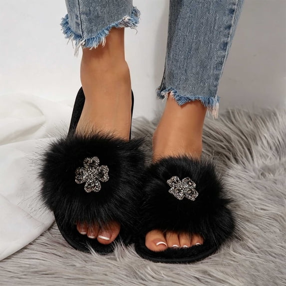 Samdudou Womens Fuzzy Slippers Open Toe Fluffy Slides with Sparkling Rhinestone Flower Decor Soft Memory Foam Cushion Anti Skid Sole Breathable Lounge Footwear for Evening Relaxation At Home