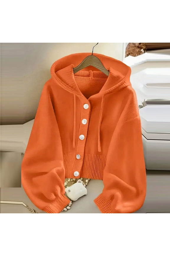 Womens Hoodies Button Down Cardigan Long Balloon Sleeve Ribbed Cuffs and Hem Drawstring Knit Jacket Casual Daily Wear Solid Color Trendy Tops