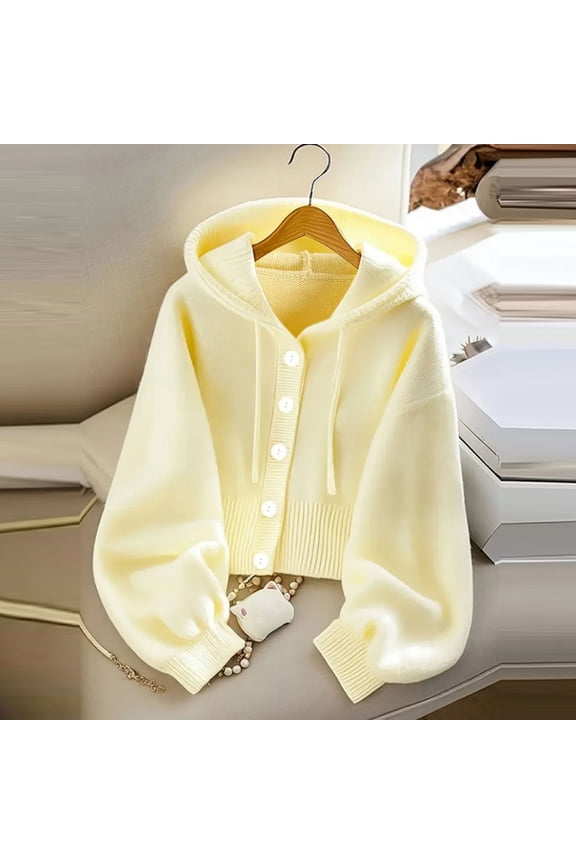 Womens Hoodies Button Down Cardigan Long Balloon Sleeve Ribbed Cuffs and Hem Drawstring Knit Jacket Casual Daily Wear Solid Color Trendy Tops