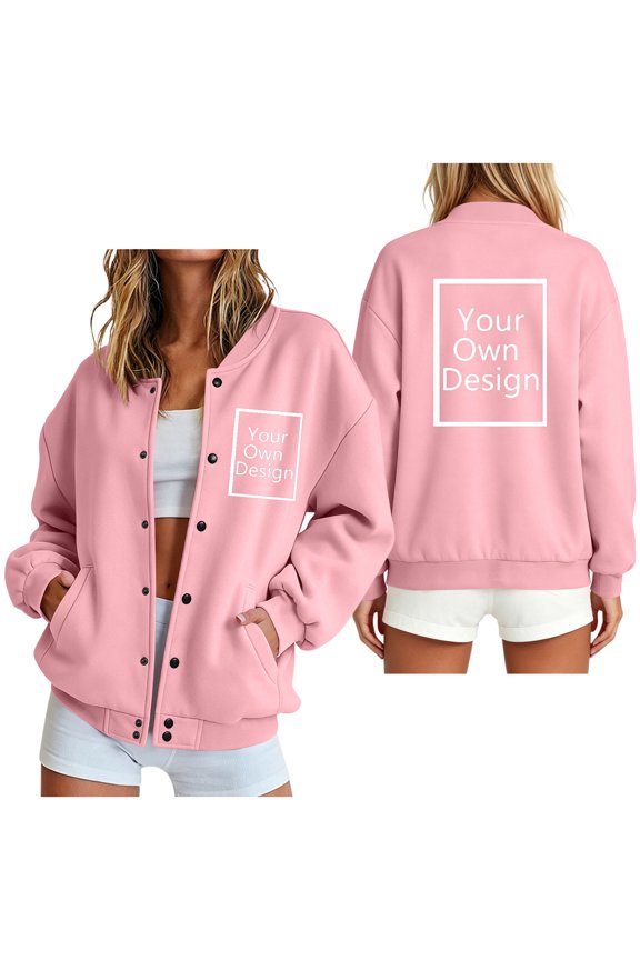Womens Jackets and Coats Custom Graphic Design Snap Button Closure Long Sleeve Stand Collar Outerwear Personalized Apparel for Spring Fall Casual Streetwear Everyday Look