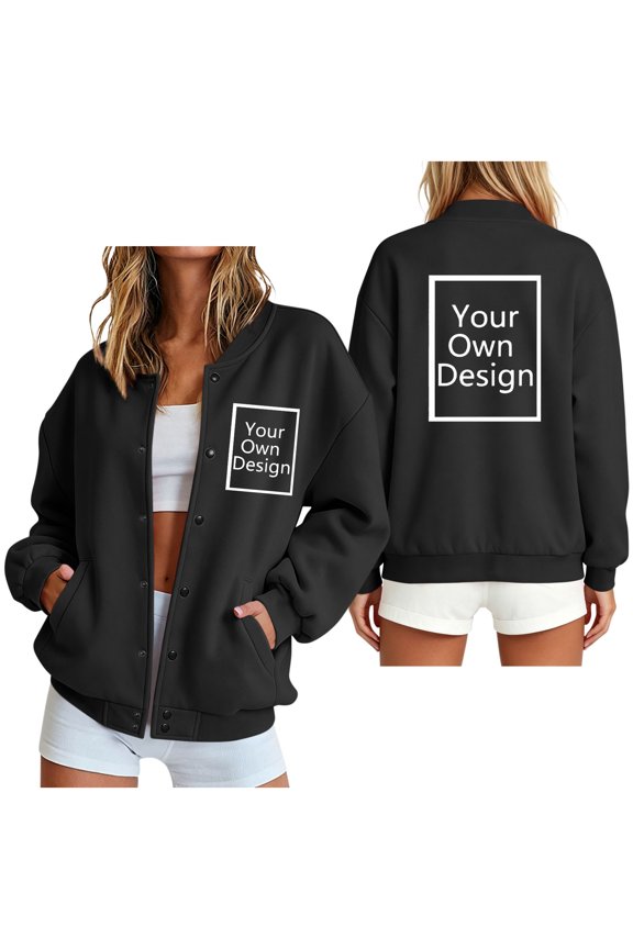 Womens Jackets and Coats Custom Graphic Design Snap Button Closure Long Sleeve Stand Collar Outerwear Personalized Apparel for Spring Fall Casual Streetwear Everyday Look